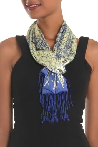 NOVICA Artisan Handmade Batik Silk Scarf with Parang Motifs in Indigo from Bali Accessories Scarves Blue Yellow Wrap Indonesia Floral ' Parang World in Indigo'4