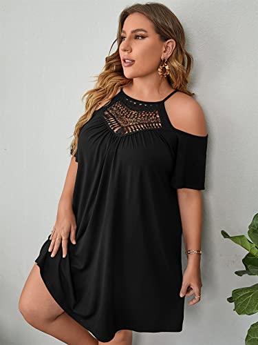 Verdusa Women's Plus Size Dresses Summer Contrast Lace Cold Shoulder Short Sleeve Loose Casual T Shirt Dress3