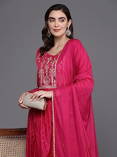 Image of INDO ERA A-Line Embroidered Chanderi Silk Kurta With Pant & Dupatta Set For Women