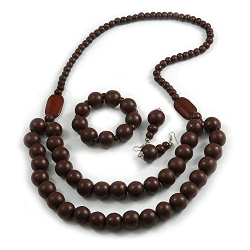 Conjunto de pendientes y collar de cuentas de madera marrón con pulsera flexible de 90 cm