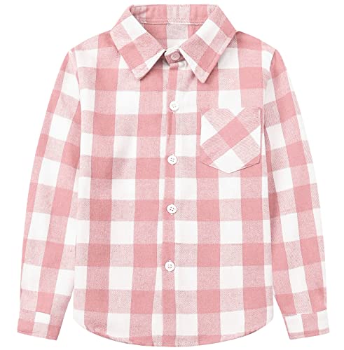 Sangtree Girls Flannel Shirt Casual Plaid Tops Long Sleeve Button Down Shirt Pink White Plaid, 7-8 Years = Tag 140 #TOP1