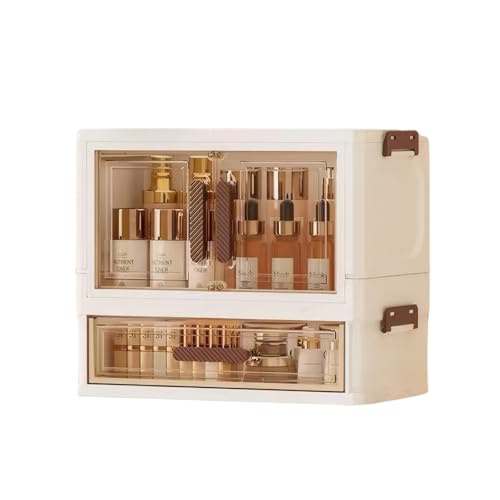 A stackable desktop organizer with drawers and compartments, ideal for storing cosmetics, beauty tools, jewelry, and school supplies in a student dorm. Features a convenient magnetic door handle.