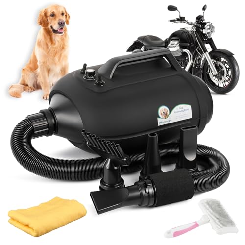 Mxmoonant 3500W Asciugacapelli per Cani di Grossa Taglia, Doppio Motore, Asciugacapelli per Moto, Velocità e Temperatura Regolabili, con 4 Ugelli e Spazzola per Animali