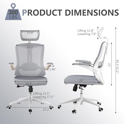 Image of Office Chair (07Grey, Chair) | 360 Swivel Adjustable Lumbar Support & Flip-Up Armrests capacity 300 lbs capacity