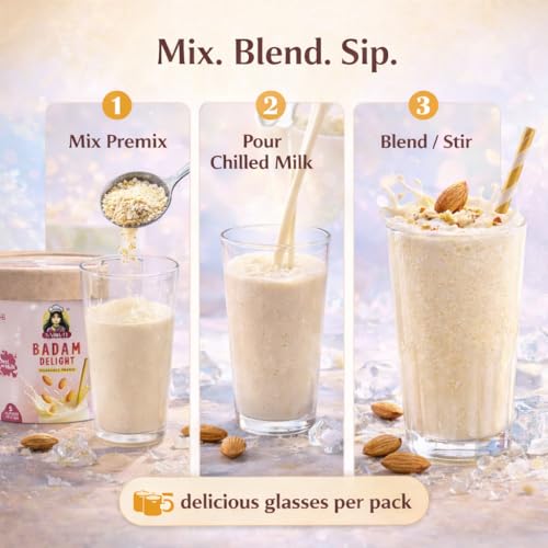 Image of Nairuti Vyutpadan Badam Delight Milkshake Premix Powder 150g | Healthy Banana Dry Fruit Mix with Almonds, Rock Sugar | No Preservatives | Instant Badam Shake Powder for Kids & Adults | Ready In A Minute - Milkshae Premix