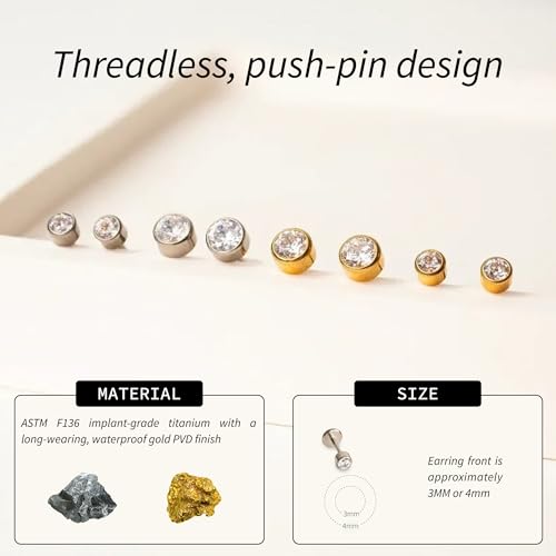 Blush Ink Cubic Zirconia Diamond Stud Earrings for Women | Hypoallergenic Earrings for Women with Flat Back, No-Poke Design | Non-Tarnish, Implant-Grade Titanium | 2mm Round Cut CZ Gold Studs Earrings by Blush Ink - Image 3