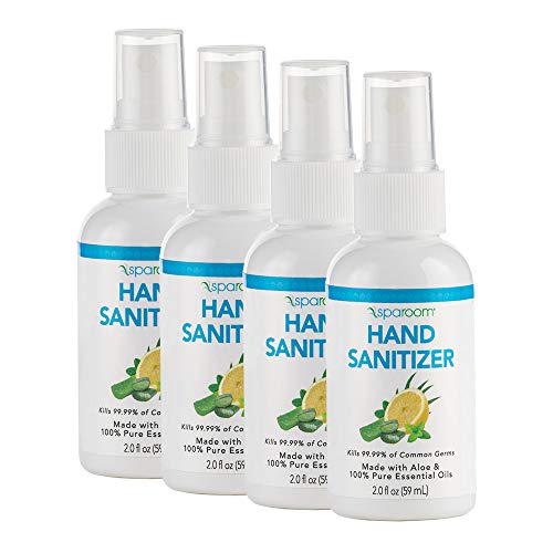 4-Pack Hand Sanitizer Spray - 70% Alcohol & Essential Oil - 2oz Plastic Spray Bottle - SpaRoom