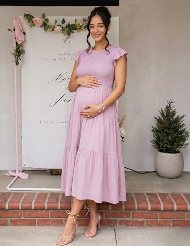 Image of ZESICA Women's 2026 Summer Casual Flutter Short Sleeve Smocked Midi Dress