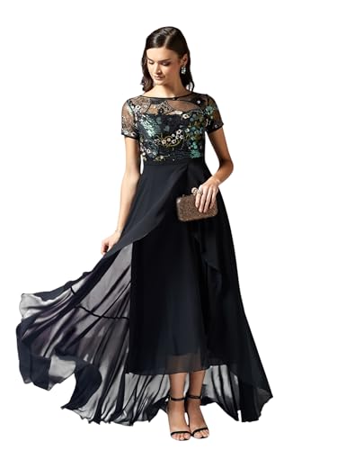Image of Miss Chase Women's Round Neck Short Sleeve Floral Layered Georgette Midi Dress