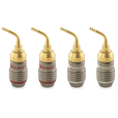 Nakamichi FanLock Excel Series 24k Gold Plated 2mm Pin Plug Banana 10 AWG - 18 AWG Gauge Size 4mm for Spring Clip Speakers Amplifier Hi-Fi Home Theatre Wire Cable Quick Connector, 4 Pcs (2-Pairs)
