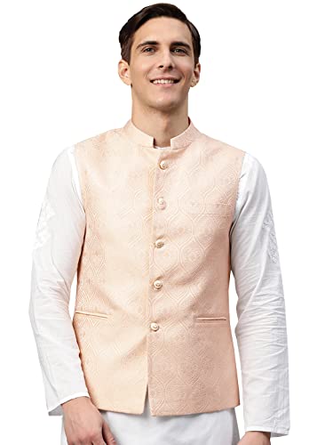 Image of MANQ Men Fawn Woven Jaquard Silk Nehru Jacket
