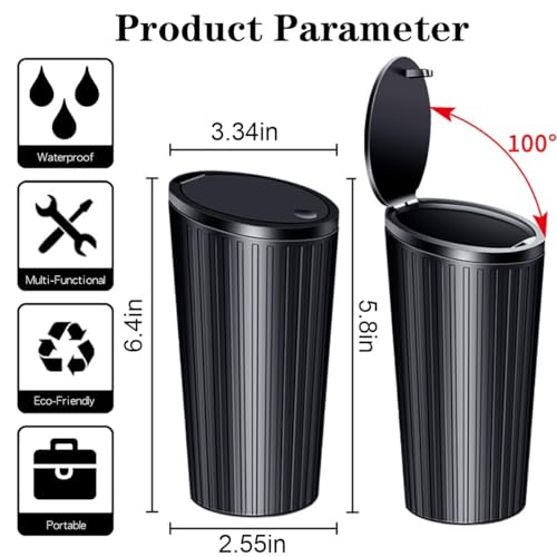 Image of Car Trash Can with Push Lid, Mini Dustbin for Car Cup Holder, Portable Garbage Bin for Auto Interior, Leak Resistant Waste Container for Car, Office, Home and Travel, Universal Fit, Black