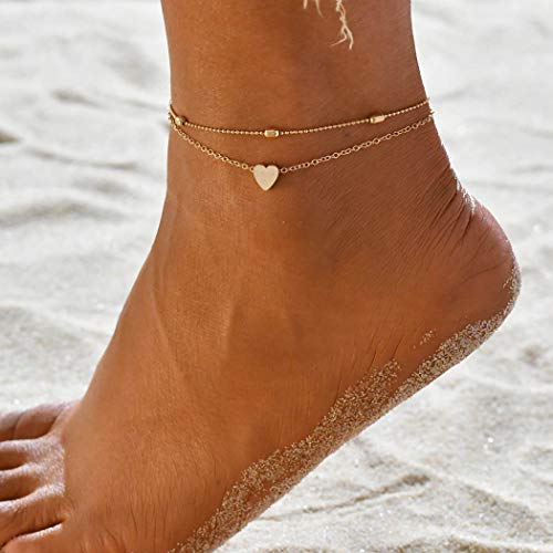 Preisvergleich Produktbild Jovono Boho Perlen Fußkettchen Mode Mehrschichtige Herz Fußkettchen Armbänder Strand Fuß Schmuck für Frauen und Mädchen (Gold)