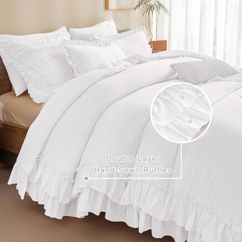Image of QSH Natural White Comforter Full with Ruffles,3PCs Shabby Boho Chic Farmhouse Bedding Comforter Set Full Size (80 inchx90 inch) Soft Fluffy Microfiber Lightweight Vintage Bed Set with Pillow Shams