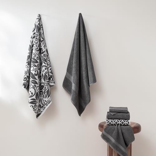 Image of Modern Threads 6 Piece Bath Towel Set,Bathroom Set with 2 Bath Towels, Hand Towels,Wash Cloths100% Cotton, Super Absorbent & Extra Soft - Reversible Botanical Vine (Gray), Medium (Pack of 8)
