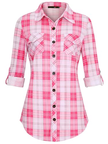 Womens soft stretch plaid shirts with roll-up sleeves