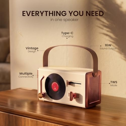 Image of Walta Elite Retro Pro Portable Bluetooth Speaker, 16W, Vintage Style, TWS Mode, BT 5.4, USB /AUX /TF, Type-C Charging, 5Hrs Playtime