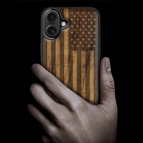 Image of Carveit Wood Case for iPhone 16 Plus, The Classic American Flag, Walnut | Magnetic iPhone 16 Plus Case Compatible with MagSafe Wireless Chargers, Engraved Wood with Soft TPU Shockproof Bumper
