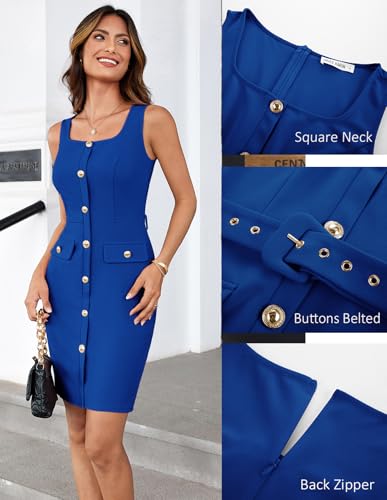 Image of GRACE KARIN 2025 Women's Buttons Belted Square Neck Business Work Dress Sleeveless Bodycon Midi Dress
