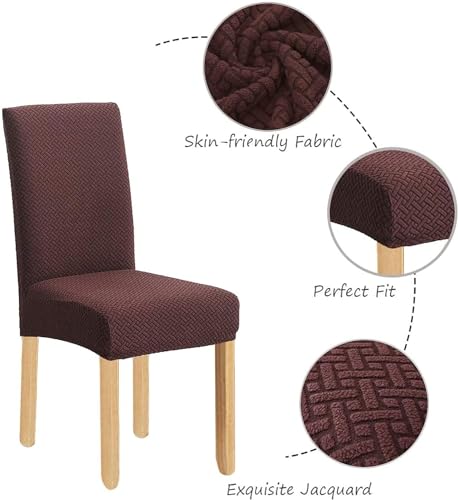 Image of House of Quirk Elastic Jacquard Chair Cover Stretch Removable Washable Short Dining Chair Cover Protector Seat Slipcover (Pack of 6, Dark Brown)