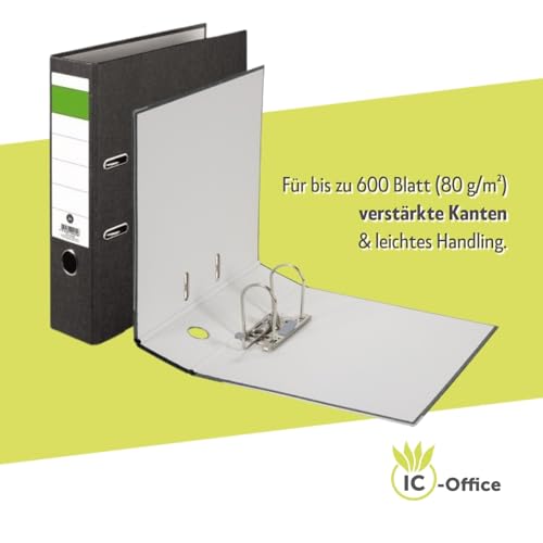 IC-Office 5er Pack Ordner A4 8cm breit schwarz Aktenordner Ringordner Briefordner Büroordner Schlitzordner Blauer Engel grüner Balken für Schule Studium Büro HomeOffice bis 3000 Blatt