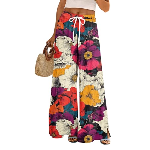 Palazzo Pants for Women, Womens Wide Leg Pant Boho Floral Print Beach Vacation Waist Adjustable Elastic Trousers