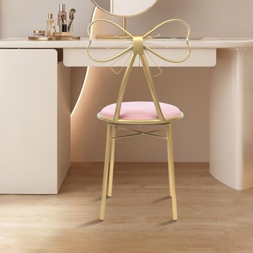Image of Velvet Vanity Chairs, Metal Cute Butterfly Stool Chair Dresser Makeup Chairs Stool with Pink Velvet Cushion and Bow Knot Backrest for Girl Bedroom, Living Room (Light Pink)