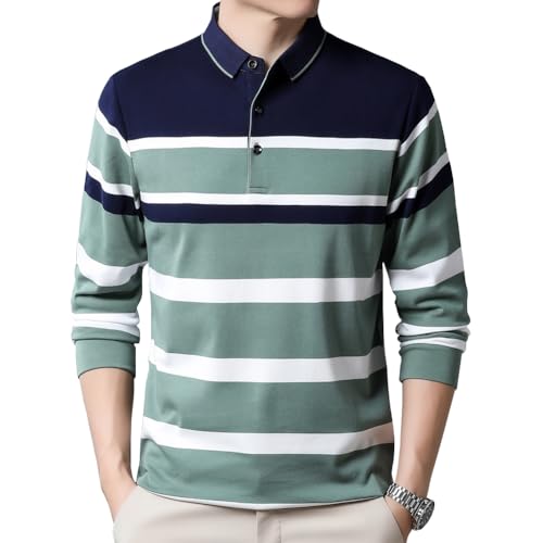 Mens Casual Cotton Striped Long Sleeve Collared T Shirt Polo Shirts