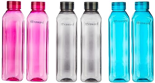 Image of Floraware Food Grade Premium Plastic Fridge Square Water Bottle, Drinking Bottle, 1000ml Pack of 6, Multicolour