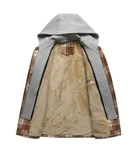 INVACHI Men's Flannel Jacket Hooded Thicken Warm Plaid Sherpa Lined Flannel Fleece Shirt Button Down Winter Coats3