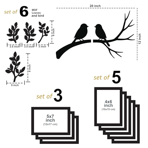 Image of Art Street Pack of 8 Piece Photo Frame Set with Decorative MDF Leaves & Birds Cutouts 4x6 inch & 5x7 inch Black Photo Frames Wall Decor for Living Room, Family Photos Frame Set 10x15 cm & 13x18 cm