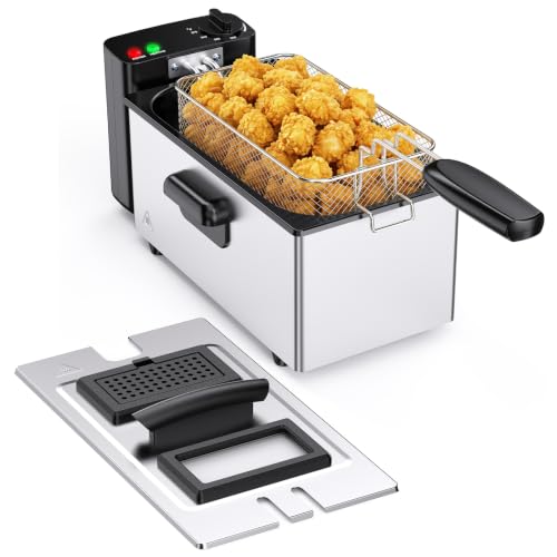Image of NEWBULIG Deep Fryer with Basket, 3 Liter Electric Deep Fryer with 1500W Power, Adjustable Temperature, Lid with Viewing Window for Fried Chicken, Shrimp, French Fries, Silver