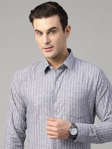 Image of Hancock Men Striped Hemp Blend Formal Shirt(9722Blue)