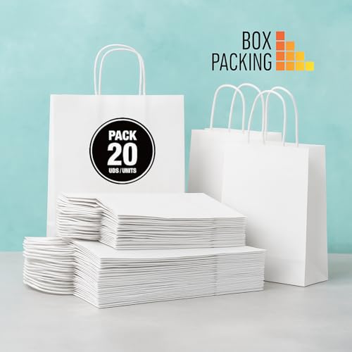 BOXPACKING | Sacs Kraft avec Poignée | 20 Sac Papier Blanc | 10 Sachet Cadeau 32x24x11 cm + 10 Petit sac Cadeau 24x18x8 cm | Sachet kraft Blanc | 115 g/m² | Sacs Cadeaux pour Boutiques & Événements – vue 4