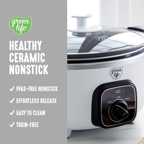 Image of GreenLife 3.5QT Slow Cooker, PFAS-Free Non-Toxic Ceramic Nonstick Removable Interior Bowl, Programmable, Keep Warm, Stovetop & Oven Safe Pot, Dishwasher Safe Crock & Glass Lid, White