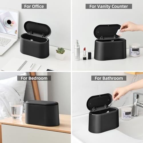 Image of SUBEKYU 0.5 Gal Mini Countertop Trash Can with Lid for Desktop, Small Garbage Can for Office, Tiny Wastebasket, Plastic,Black