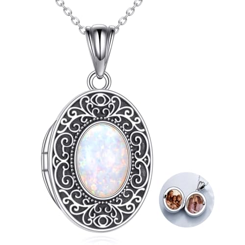 CRMAD Opal/Moonstone/Turquoise Locket Necklace for Women Sterling Silver Oval-Shaped Opal Locket Pendant Holds Pictures Always with You Vintage Style Photos Locket Jewelry Gifts for Loved One