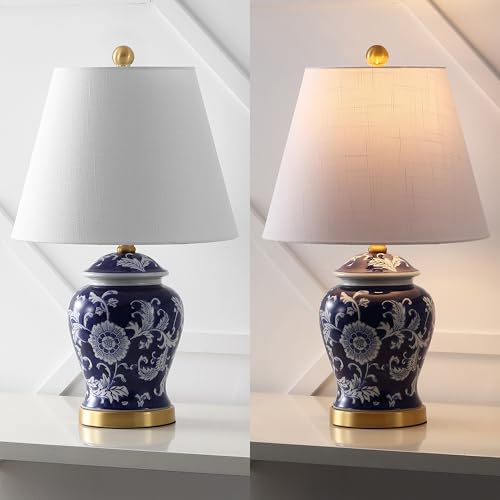 Image of JONATHAN Y 22 inch Navy /White Ceramic Table Lamp, French Country Chinoiserie Ginger Jar LED Bedside Lamp for Living Room Bedroom, White Linen Shade (JYL3005D)