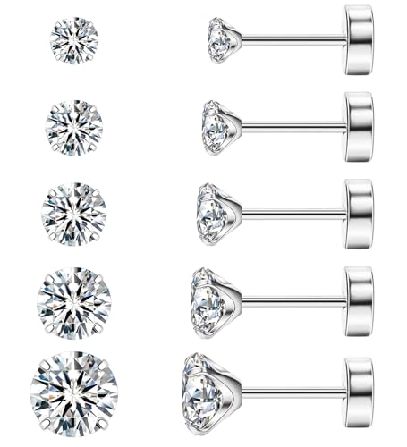 XOZEU 8MM Extra Long Post Earrings for Thick Earlobes 316L Surgical Stainless Steel Flat Back Earrings Hypoallergenic 5A Cubic Zirconia Stud Earrings for Women Men Silver
