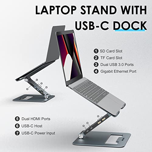 Wavlink Adjustable Aluminum Laptop Stand With Usb C Dock, Ergonomic Portable Computer Riser For Macbook, Windows, 10"-17" Notebook And Tablet(2Hdmi,Pd3.0,Sd/Tf,Rj45 Ethernet,2Usb 3.0 Ports) #TOP1