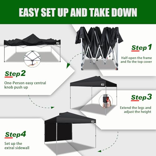 Image of Eurmax USA NOMATTER ONE-Person Open&Close 10x10ft Pop Up Canopy Tent,Portable Shelter Canopy for Outdoor Events with 1 Removable Sidewall,Instant Canopies,Bonus 4 Sand Bags(Black)