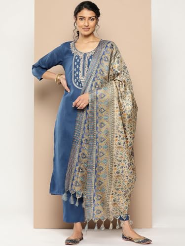 Image of Varanga Women Straight fit Embroiderd Yoke Blue Kurta with Side Slit Styled with a Matching Bottom and Printed Bhagalpuri Dupatta Perfect for Casual wear.