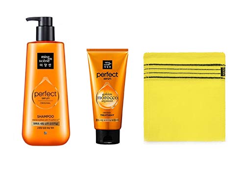 Korean Bath Bundle - Songwol Korean Bath Exfoliating Massage Scrub Towel, Miseenscene Perfert Serum Original Shampoo, and Perfect Repair Treatment