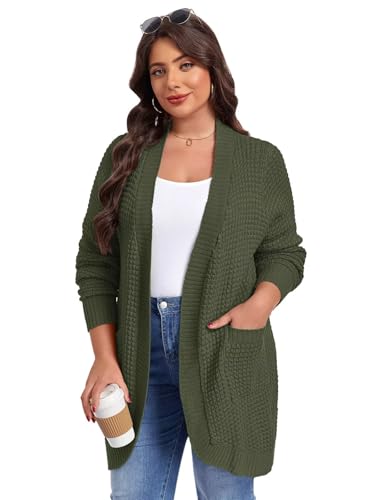 Image of LARACE Long Cardigans for Women Plus Size Tops Open Front Sweaters with Pockets Waffle Ribbed Sleeve Loose Fall Outwear