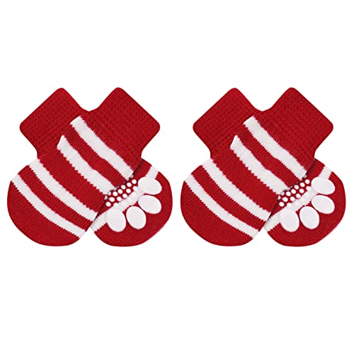 AUAUY Indoor Anti-Rutsch Socken für Hunde und Katzen, Pet Socken, Hundesocken Anti Rutsch Pfotenschutz und Traktion Dank Silikon-Gel 2 Größen für Kleine-Mittlere Tiere(Rot und Weiß M)