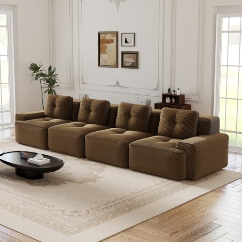Image of 153 inch Extra Large 4-Seater Modular Boneless Couch, Luxury Corduroy Fabric, Deep Seat Cloud sectional Sofa with Buckle Connection, No Assembly Anti-Slip Couch for Big Living Room, Brown