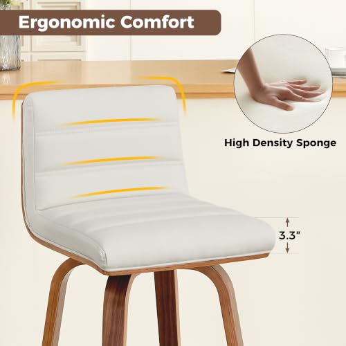 Image of Swivel Bar Stools Set of 2,26 inch Faux Leather Counter Height Barstools with Back,Mid Century Modern Upholstered Bar Chairs with Bentwood Legs Island Stools for Kitchen Counter White