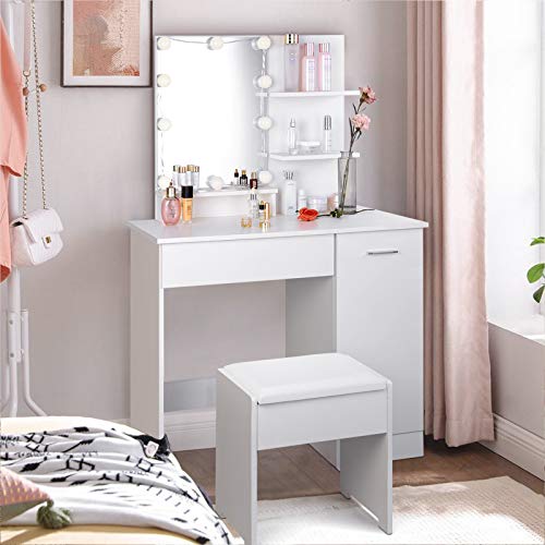 amzdeal Makeup Vanity Table Set with Lights, Vanity Desk with 3 Color Lighting Modes, Adjustable Brightness, 1 Large Drawer & 1 Storage Cabinet, Dressing Table for Girls Women, White - Thumbnail 7