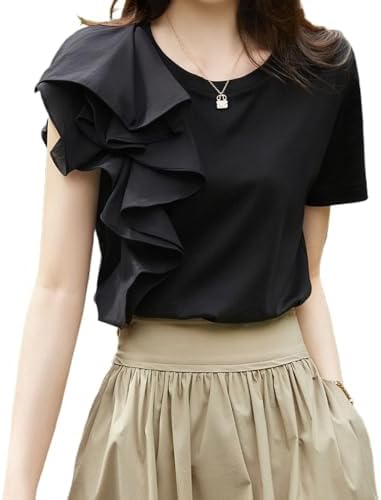 Women's T-shirt, Short Sleeve, Asymmetric, Ruffle Sleeves, Switching Top, Round Neck, Solid, Thin, Body Cover, Loose, Quick Drying, Commuting, Office, Spring, Summer