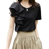 [HuuMeNEIDOO] tシャツ レディース 半袖 ティーシャツ アシンメトリー フリル袖 異素材 切り替え トップス 丸首 無地 薄手 体型カバー ゆったり 速乾 通勤 オフィス 春 夏